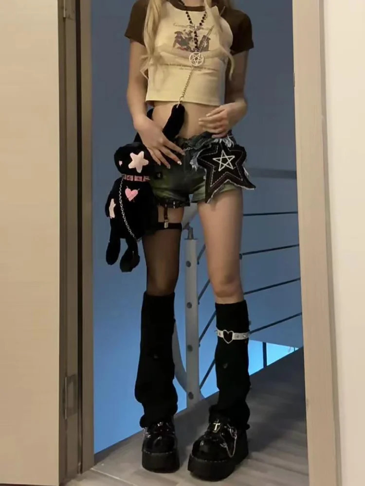 HOUZHOU Grunge Y2k Short Jeans Women Vintage Star Girl High Waist Denim Shorts Sexy Gyaru Korean Streetwear Punk American Retro