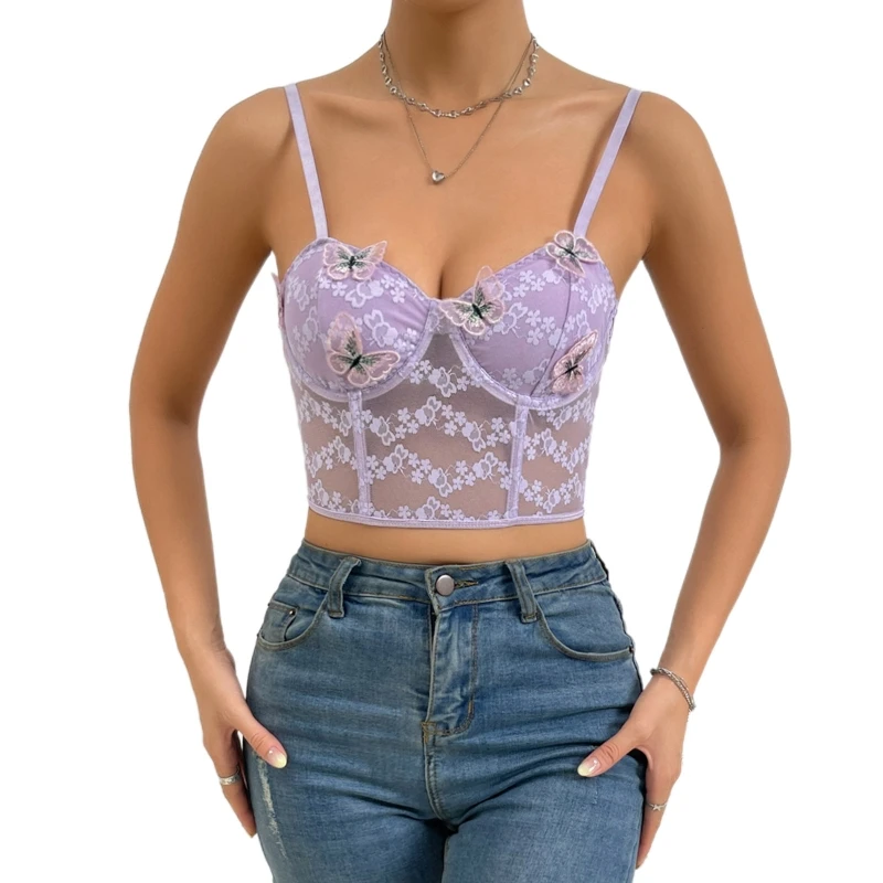 

Женский летний сексуальный прозрачный кружевной корсет, укороченный топ, милая майка с 3d-аппликацией бабочки в стиле Харадзюку, тонкий жиле...