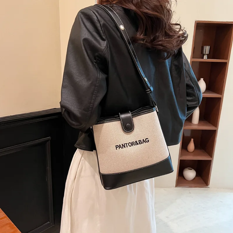 Simple Bucket Single-shoulder Canvas Crossbody Bags Fashion Retro Patchwork Underarm Bag for Women's 2023 New Casual Versatile
