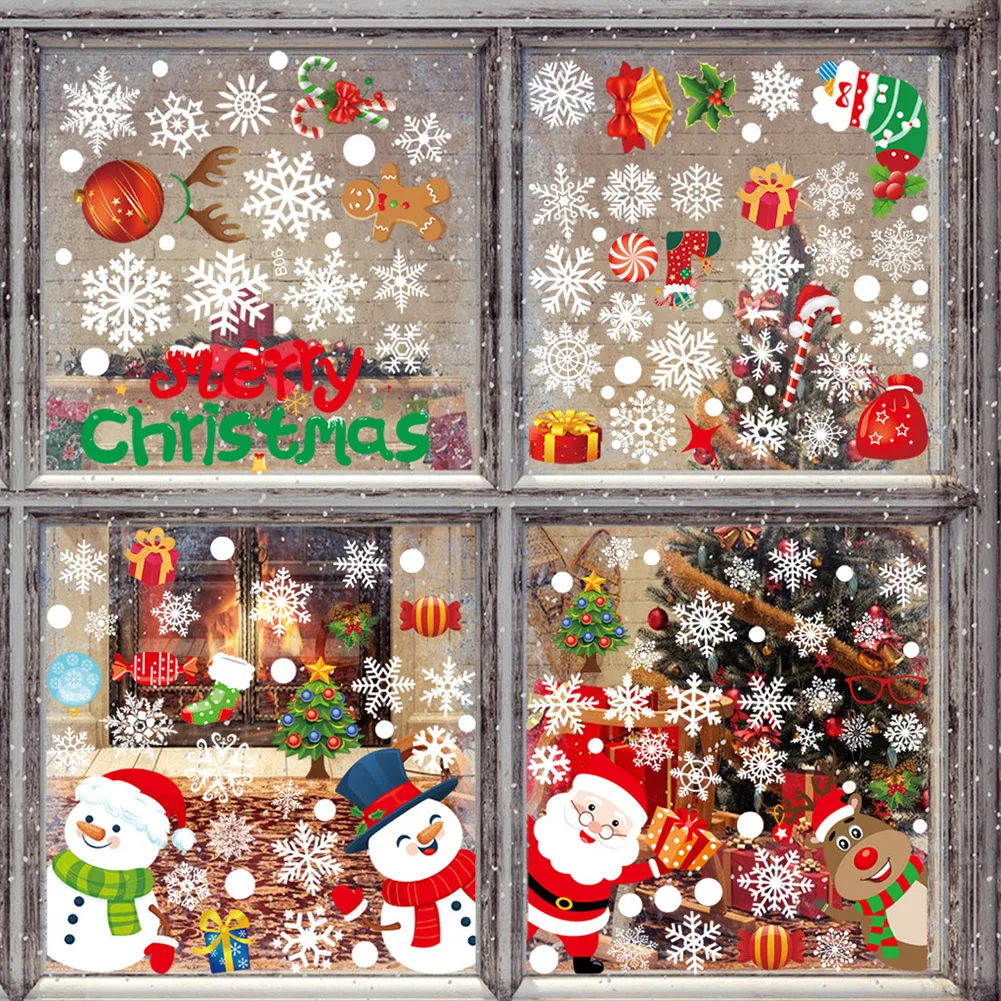 

1Set Christmas Window Stickers Decorations Santa Snowman Elk Snowflake Decal Sticker for 2022 Xmas Window Glass Door Decor