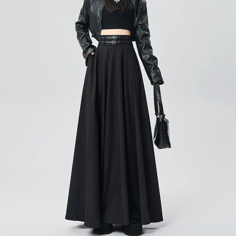 Женская юбка с двойным поясом плиссированная макси завышенной талией