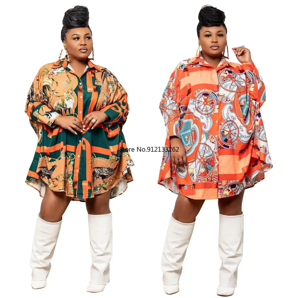 

L-4XL African Print Dresses Autumn African Women Long Sleeve V-neck Polyester Shirt Dress Dashiki African Dresses for Women
