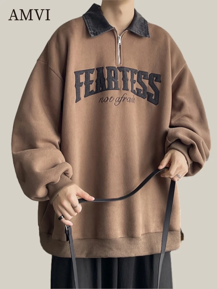 

Autumn Men Sweatshirts Half-zip Pullover Denim Polo Collar Top American Retro Sweatshirt Casual Loose Clothes Fashion New Tops