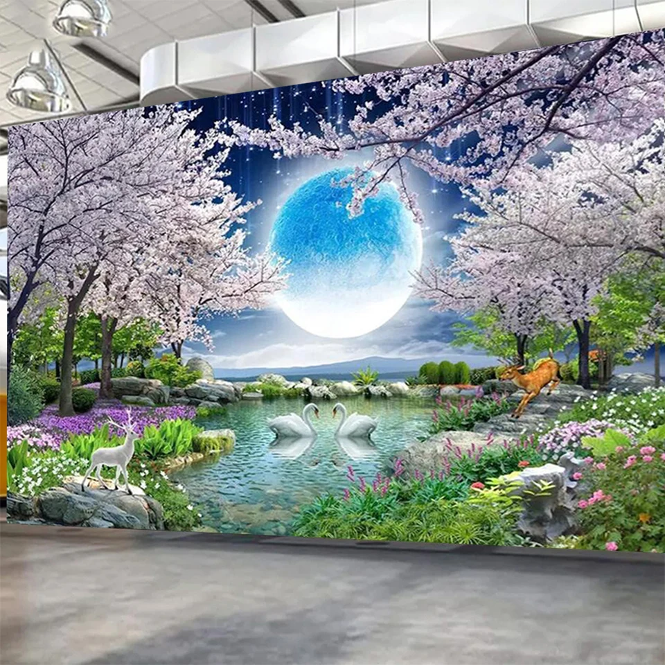 

Луна, цветение вишни, сделай сам, искусственный природный ландшафт, полноразмерная алмазная живопись, мозаика, вышивка крестиком, домашний ...