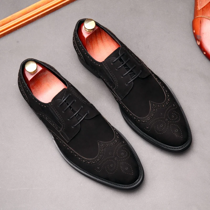 

Men Genuine Cow Leather Brogue Wedding Business Mens Suede Flats Shoes Lace Up Black Brown Vintage Oxford Shoes For Men's Shoes