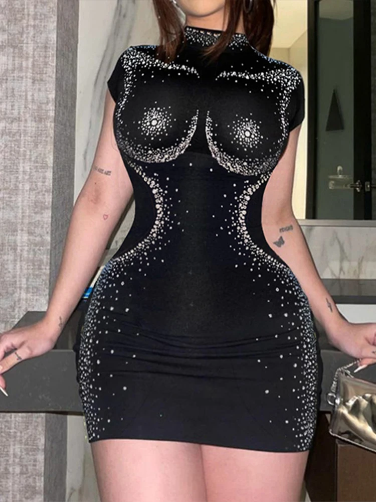 

Модное женское облегающее платье OMSJ в форме тела с коротким рукавом, черное платье с круглым вырезом и высокой талией для ночного клуба