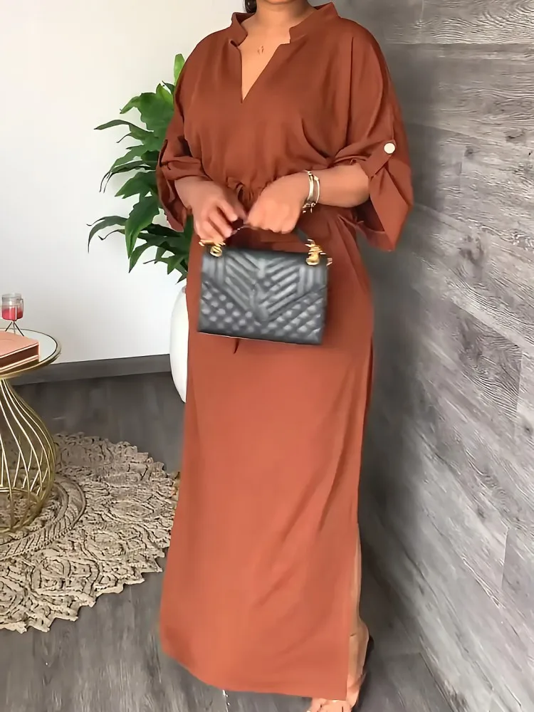 Summer Muslim Fashion Abaya Dubai Dress for Women Sexy V-neck Solid Dresses Lace Up High Waist Loose Robe Arabic Turkish Dresses