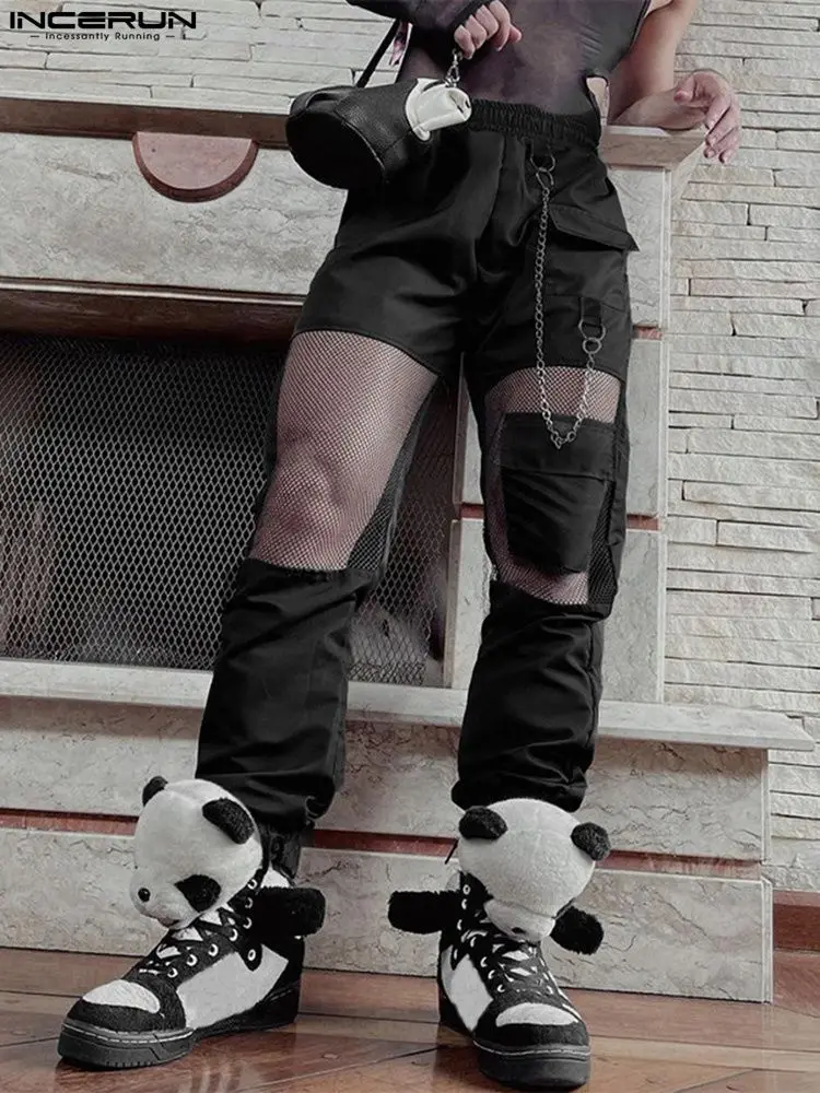 

INCERUN Men Pants Mesh Patchwork See Through Elastic Waist Sexy Trousers 2022 Joggers Streetwear Chain Fashion Pantalon S-5XL