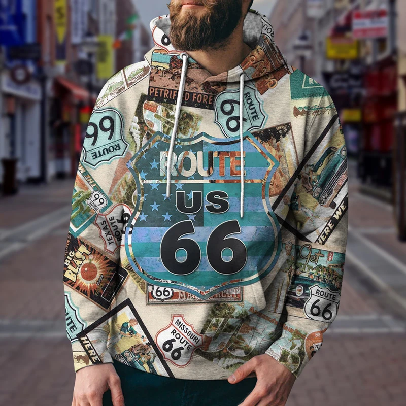 

Худи US Route 66 для мужчин и женщин, винтажная модная толстовка с 3D рисунком, топы большого размера в стиле оверсайз, США, Техас, Нью-Йорк, Калифорния
