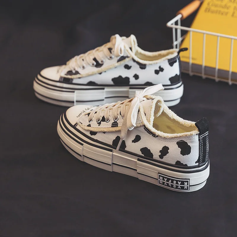 

Spring 2022 New Thick Soled Cow Canvas Shoes Women's Muffin Board Shoes Lace Up No Back Slip On Loafers White Black Sneakers