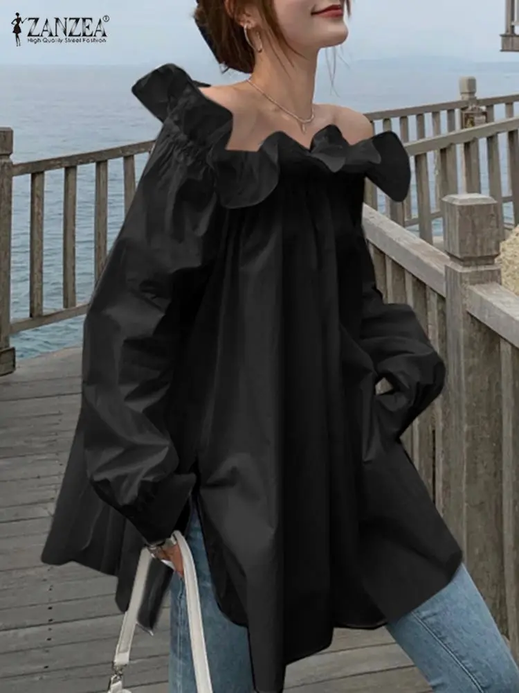 

2022 повседневные блузки с оборками ZANZEA, корейская мода, женская осенняя элегантная рубашка с открытыми плечами и разрезом на подоле, женские ...