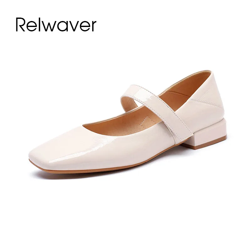 

Relwaver patent microfiber women shoes 2022 spring summer new low heel women leather shoes fashion brief beige versatile pumps