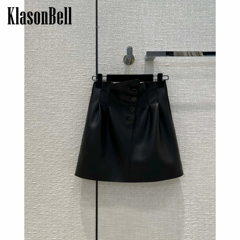 

7.12 KlasonBell Temperament Black Genuine Leather A-Line Skirt Women
