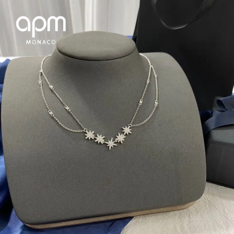 

APM Monaco Luxury Ladies Double Layer Thin Chain Diamond Shiny Pendant Necklace Ladies Elegant Premium 925 Silver Necklace