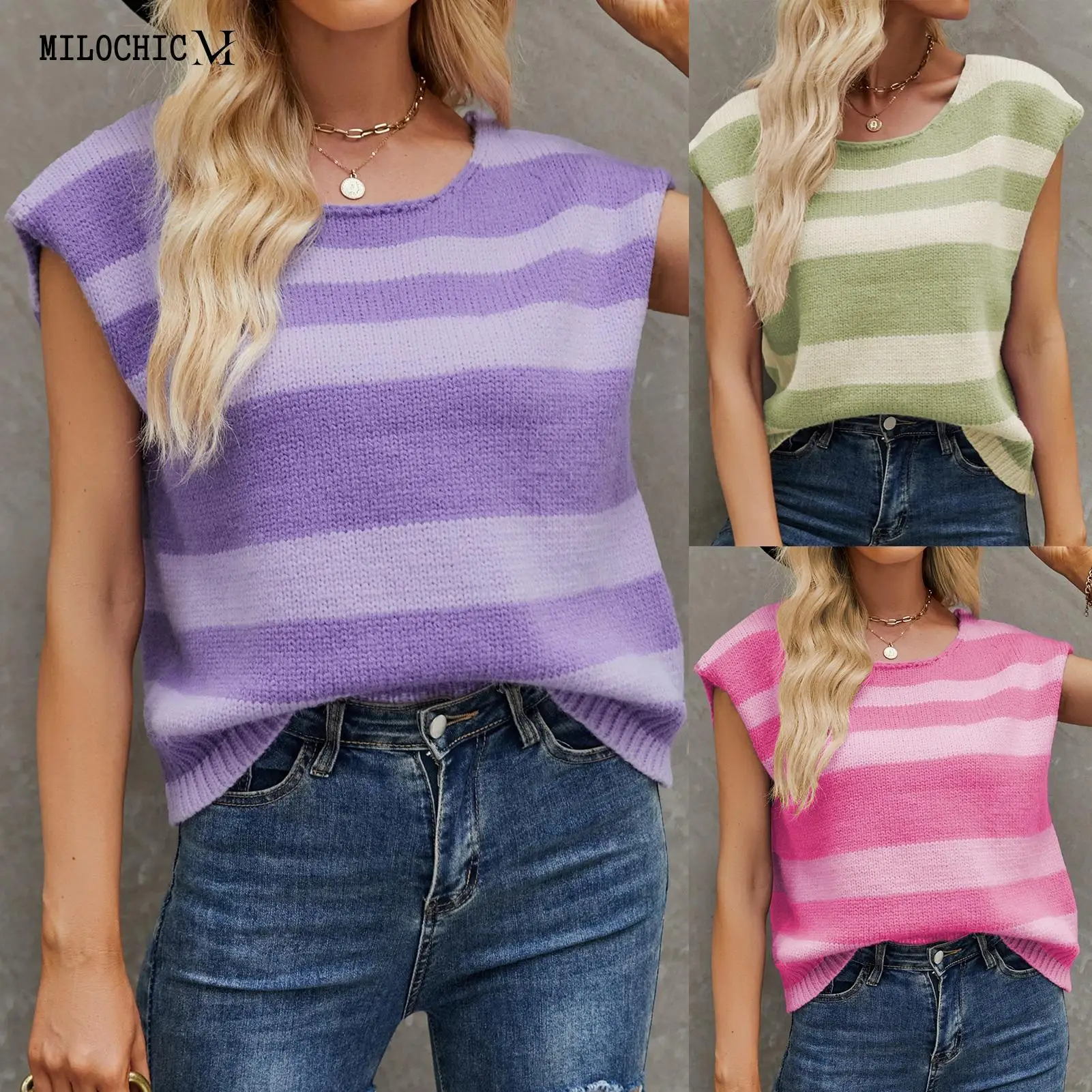 

Women Knit Sweater Vest Round Neck Striped Lady Tank Tops Fashion Casual Loose Simple Academic Style Female Waistcoat