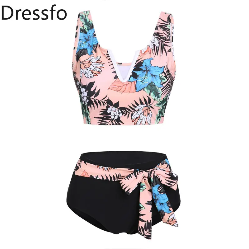 

Dressfo Tropical Beach Cut Out Leaf Floral Print Self Belt Tankini Set Two Piece Swimsuit Flower Print V Veck Vacation Swimwear