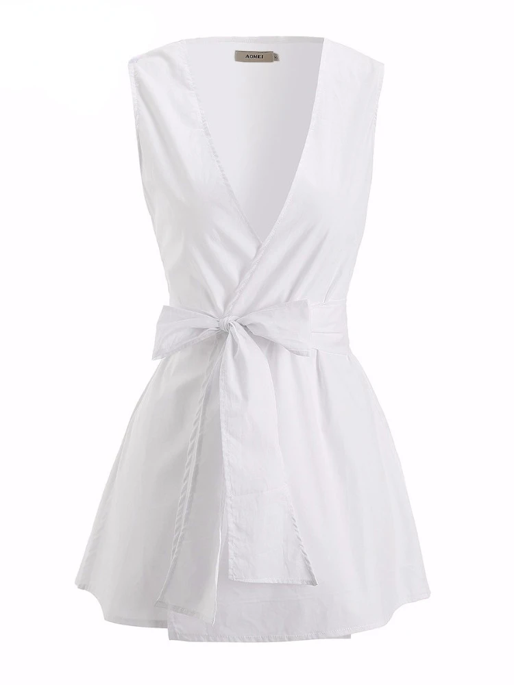 

Женская блузка без рукавов с V-образным вырезом и поясом