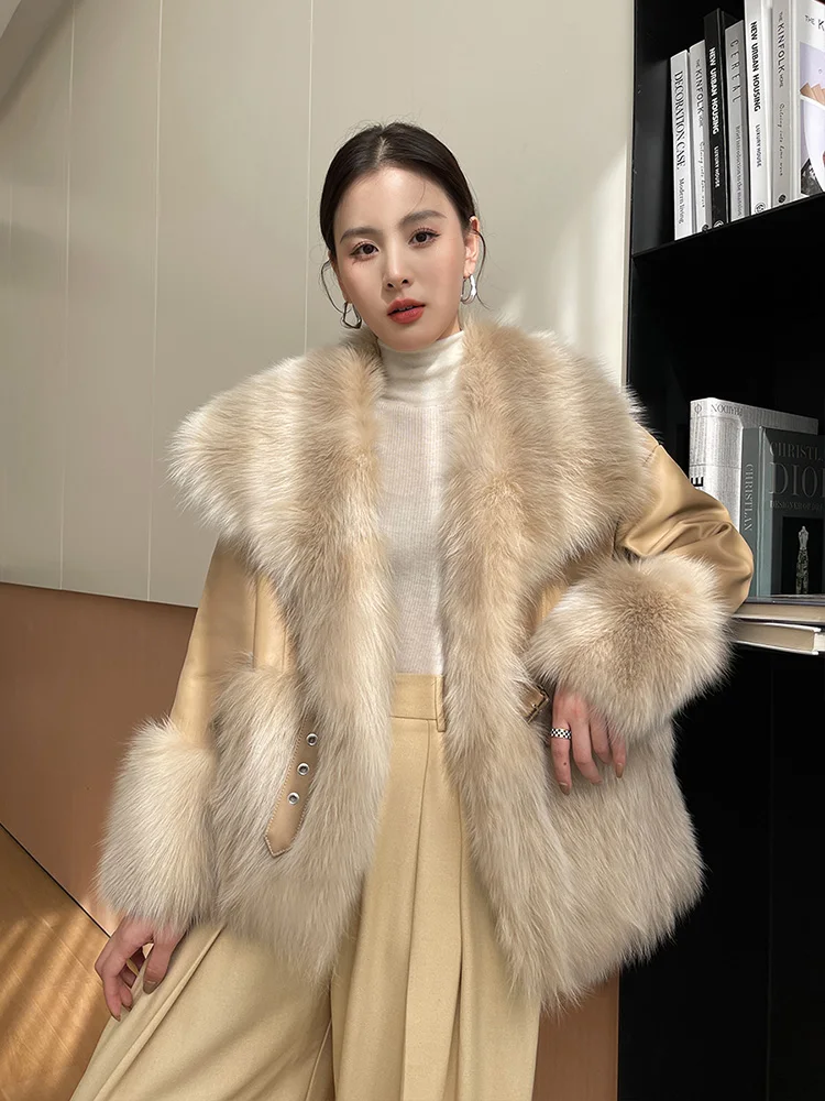 Women Real Fur Coat Autumn Winter Thicken Fox Fur Big Turn-down Collar Stitching Sheepskin Fur Jacket Double-faced Fur Outerwear