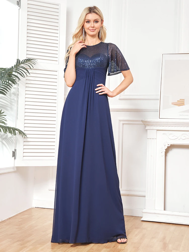 

Lucyinlove 2023 Luxury Blue Sequin Evening Dress Elegant Mermaid Prom Short Sleeve Wedding Party Chiffon A-line Vestidos Gowns