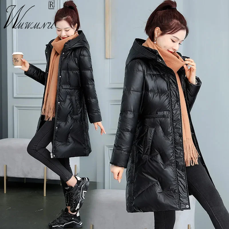 Mid Length Windproof Black Parkas Women Korean Fashion Slim Warm Hooded Winter Coats Button Zipper Thick Quilted Cotton Jacket
