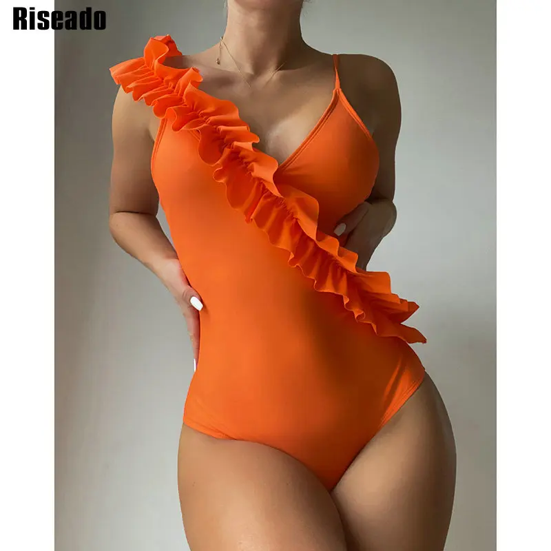 

Riseado, сексуальные цельные купальники с рюшами, новинка 2022, оранжевый купальник, женский боди с открытой спиной, женские купальники с v-образн...