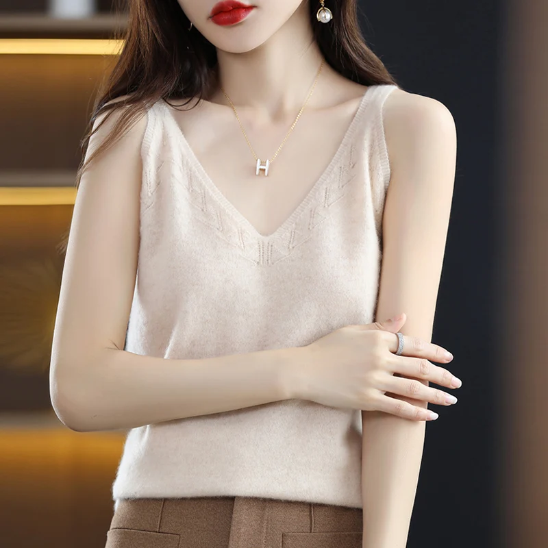 

100% Wool Small Camisole Vest Women V-neck Inside 2022 Fashion Sexy Hollow Knit Shirt Loose Skin-friendly Bottoming Shirt Tops