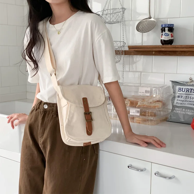 

Холщовая дизайнерская однотонная ретро-сумка в стиле колледжа, модная повседневная Студенческая сумка через плечо с пряжкой