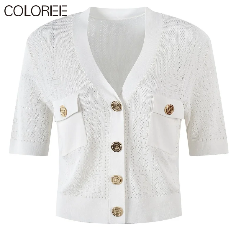5 Color ! 2022 Luxury B Buttons Knitted Sweater Women Casual V-neck Short Sleeve Top Femme Korean Fashion Streetwear