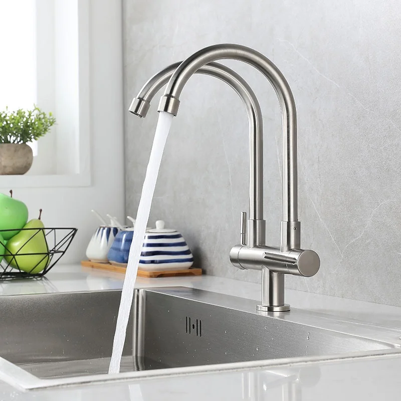 

Kitchen stainless steel brushed kitchen double tube single cold dish basin household brushed large curved kitchen faucet modern