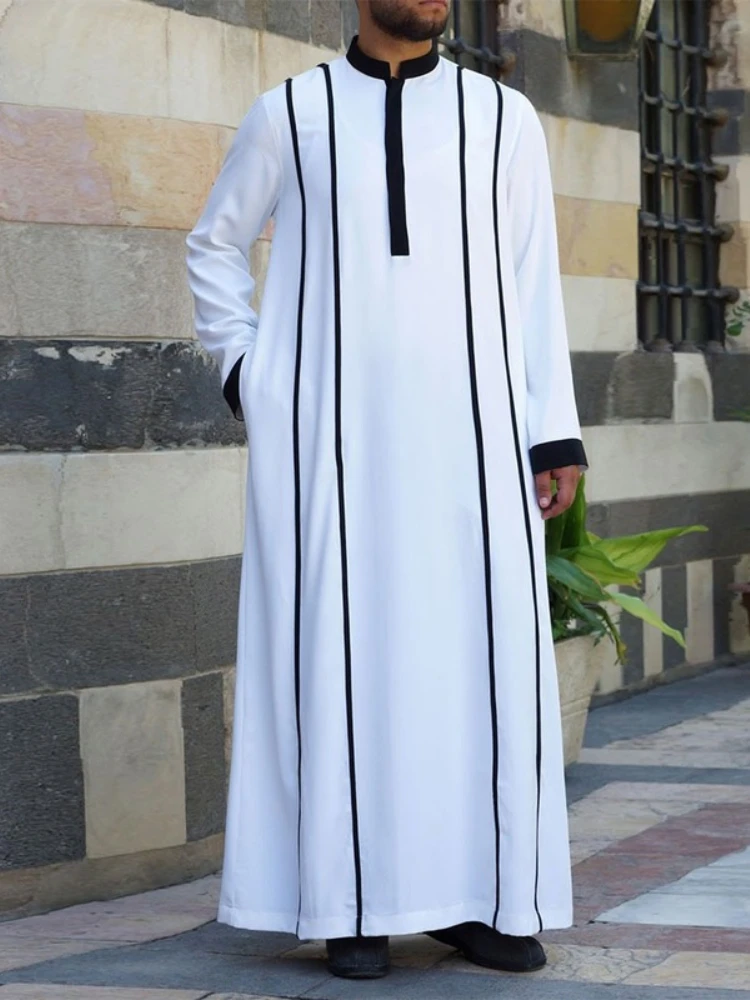 Ramadan Eid Muslim Fashion Men's White Arabian Middle East Colorblock Robe Men's Thobe Robe Muslim Abaya Khiam Islamic Clothing