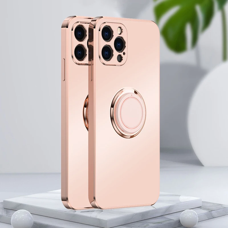 Plating Square Case For iPhone 13 12 11 Pro Max XS XR X S 7 8 Plus Not leave fingerprint Full Protective Covers With Ring Holder