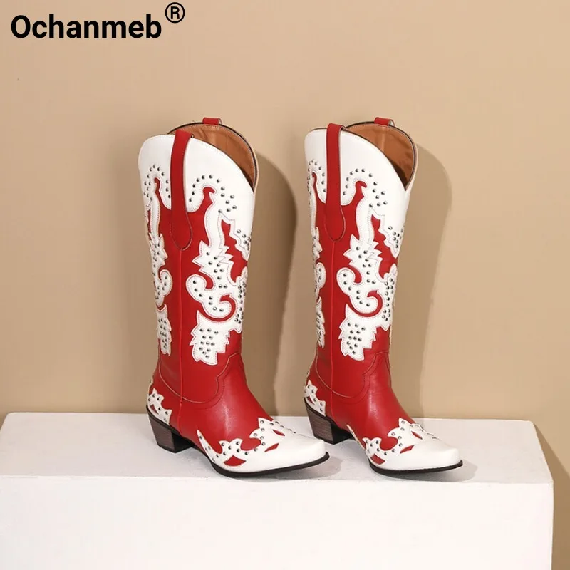 

Ochanmeb Western Cowboy Boots for Women Pointed Toe Embroidery Floral Punk Knee Boots Rivets Slip-on Cowgirl Shoes Autumn Winter