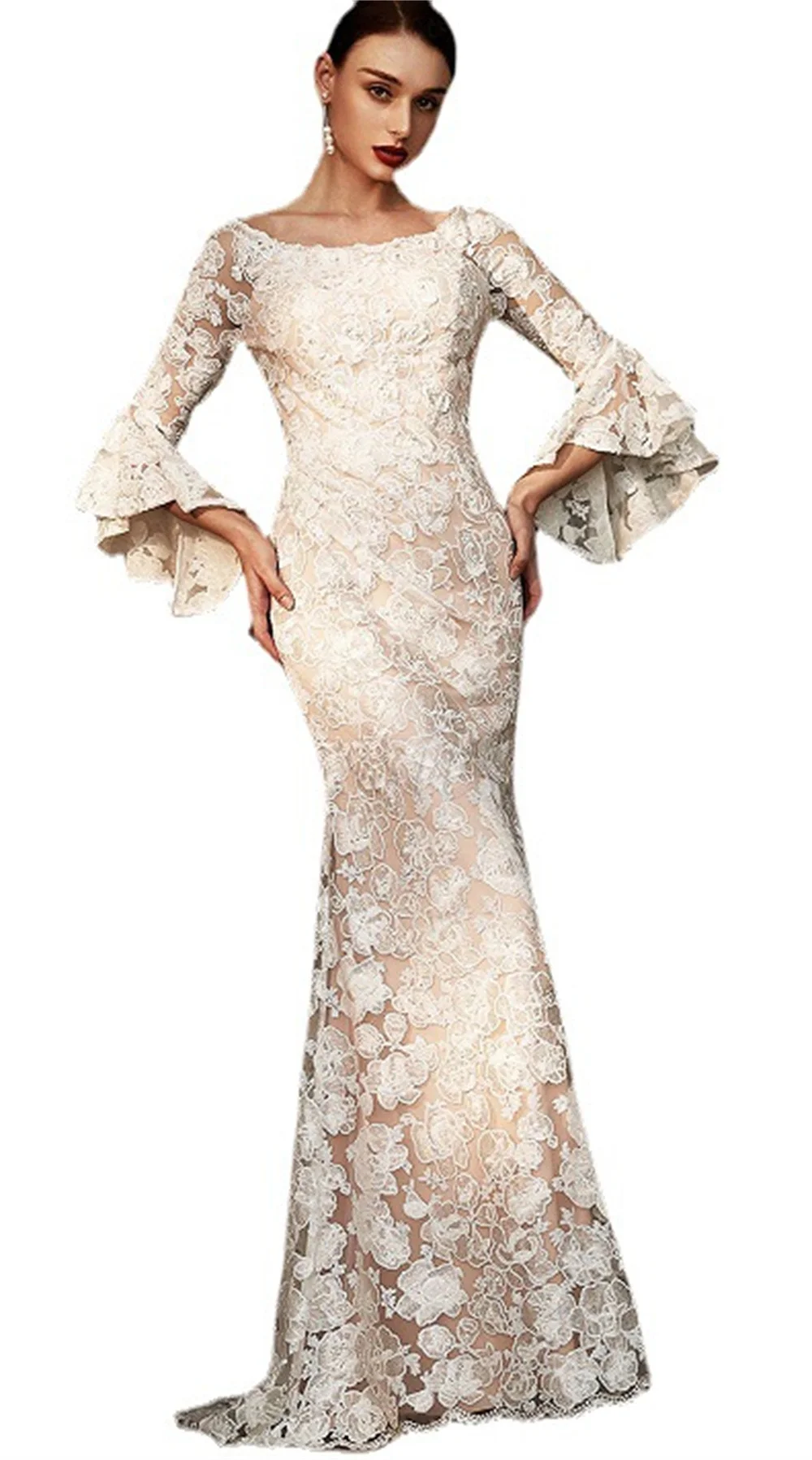 Women Elegant Lace-up Wedding Dress Tulle Crew Neck Long Flare Sleeve Prom Party Dress Sexy Hollow Mermaid Evening Dresses