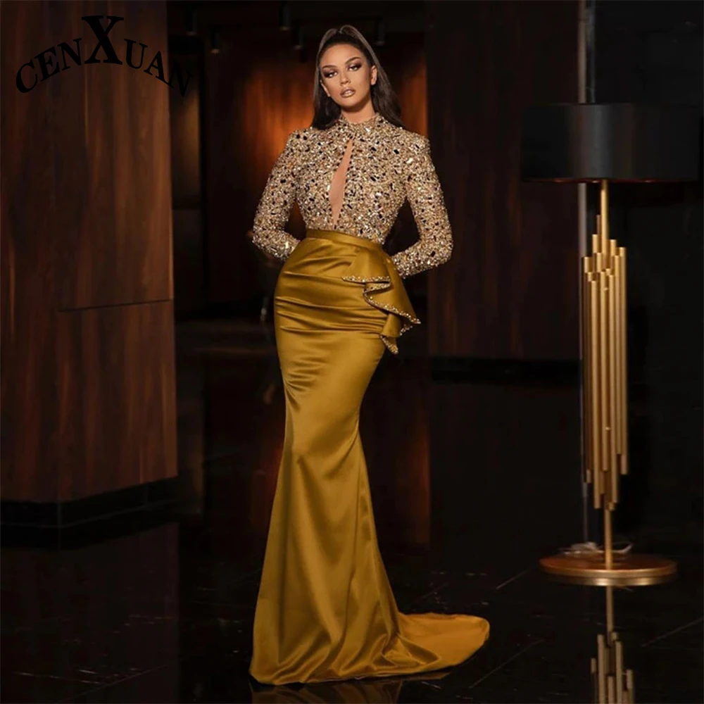 

Long Sleeves Satin Formal Party Dresses For Women Zipper High-Neck Trumpet Crystals Gowns Abendkleider Customised Court Train
