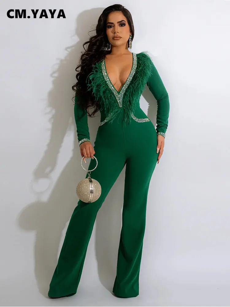 

CM.YAYA Elegant Party Prom Diamonds Fur Deep V-neck Splicing Straight Long Sleeve Jumpsuits for Women Autumn Winter 2022 Romper