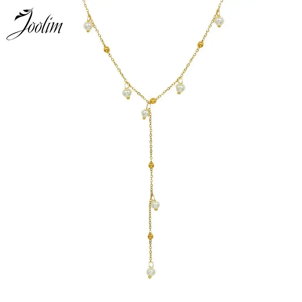 

Joolim Jewelry High End PVD Tarnish Free Wholesale Imitation Baroque Pearl Y-shaped Chain Stainless Steel Necklace for Women