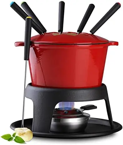 

Cast Iron Fondue Pot Set for Meat, Chocolate & Cheese Fondue Pot Set with 6 Fondue Forks, Cheese Fondue Set Serve 6 Persons( Pla