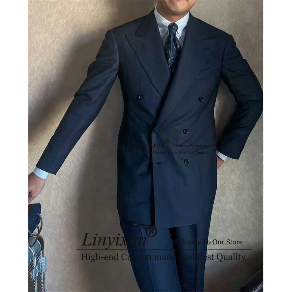 Navy Blue Daily Mens Suits Double Breasted Business Blazer Slim Fit Peak Lapel 2 Piece Set Wedding Groom Tuxedo Terno Masculino