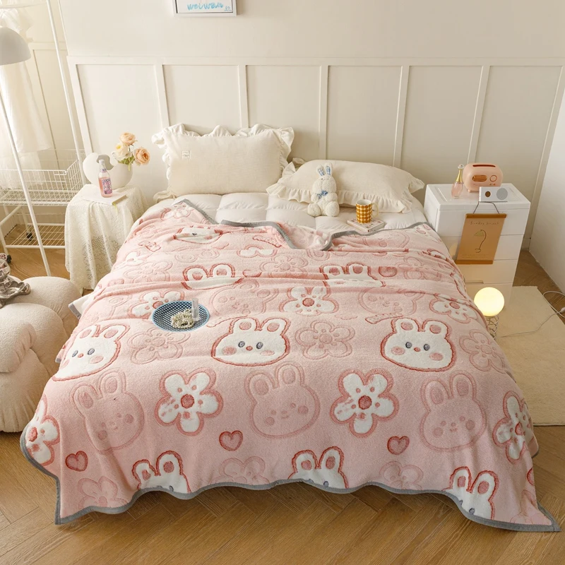 

Bonenjoy Warm Blanket for Winter Soft Coral Fleece Thow Blanket Cartoon Style Bedspread Rabbits Printed Plaids Sofa