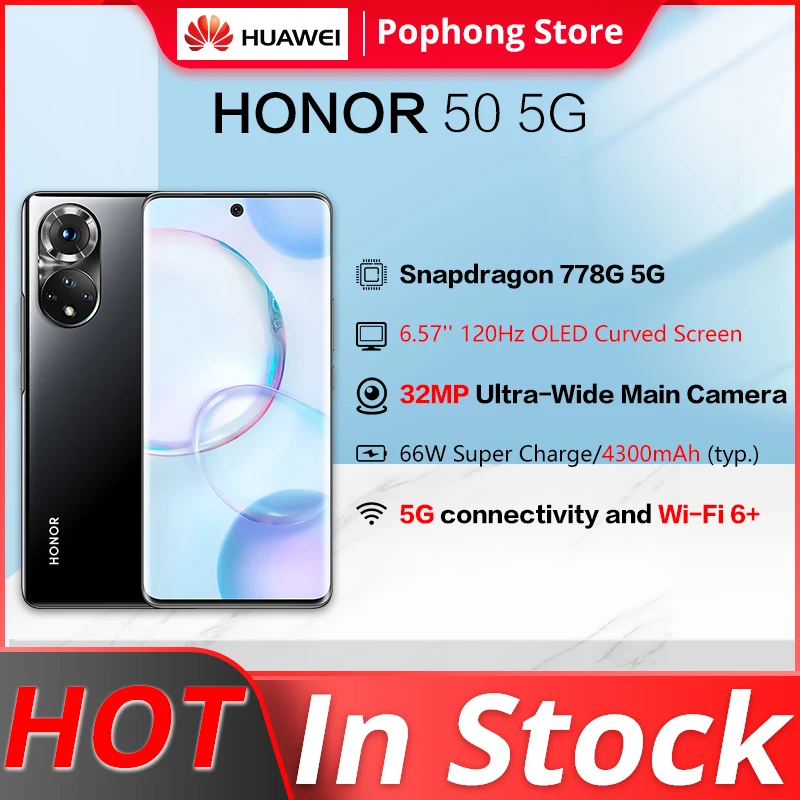 

Original HONOR 50 5G Mobile Phone 8GB RAM 256GB 6.57'' 120Hz OLED Curved Screen Snapdragon 778G Octa Core 66W SuperCharge NFC