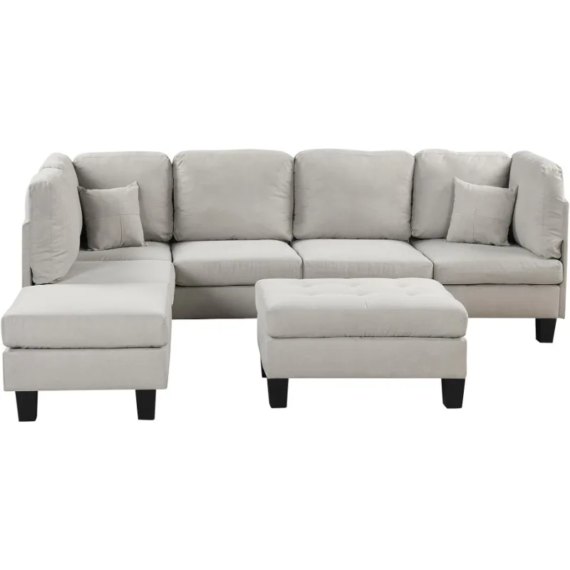 

Современный L-образный секционный диван из микрофибры с двусторонним кушетком и оттоманкой, большая удобная мебель