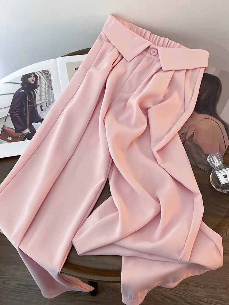 Женские повседневные драпированные брюки розовые широкие с высокой талией