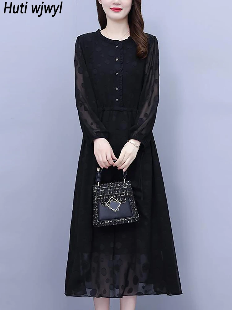 

Autumn winter Black Jacquard chic prom Midi Dress Women Fashion Casual party Dress 2023 Korean Vintage Elegant evening Vestidos