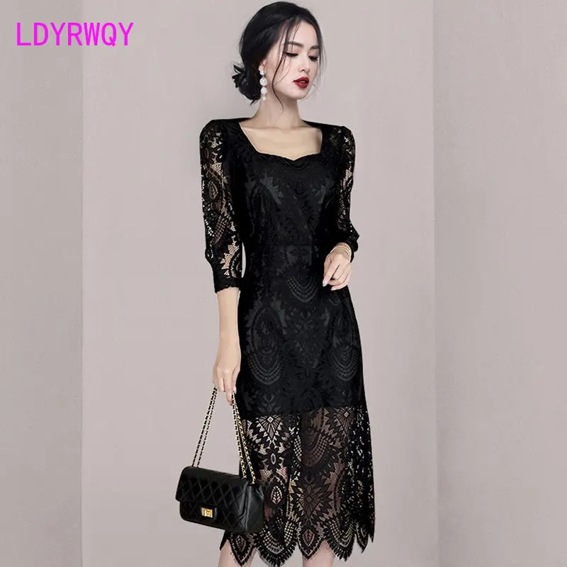 

2023 Spring and Summer New Korean Style Slim Fit Waist Long Dress Fashion Lace Dress
