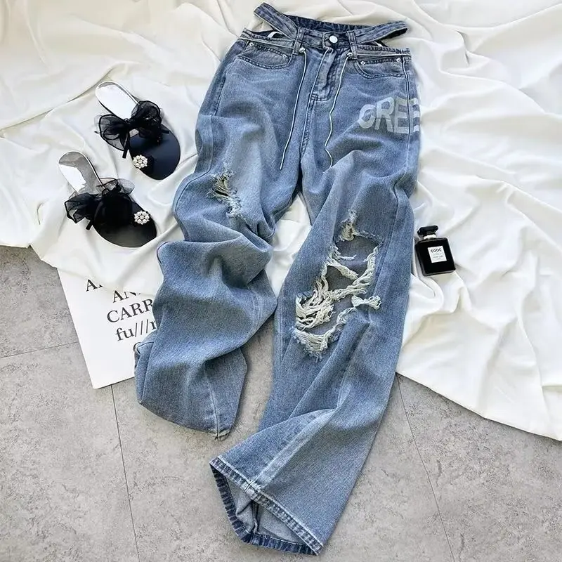 American Ripped Womens Jeans Autumn High Waist Loose Casual Sexy Letter Print Straight Leg Wide Leg Trousers for Women