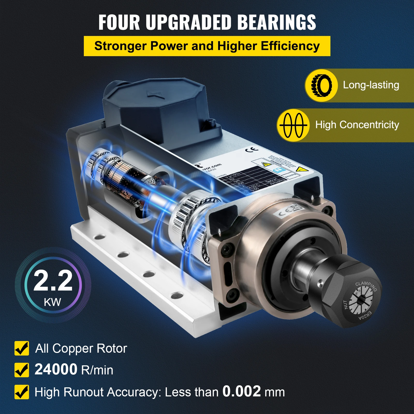 VEVOR 2.2KW CNC квадратный воздушное охлаждение шпиндель двигатель ER20 цанга 4 подшипник