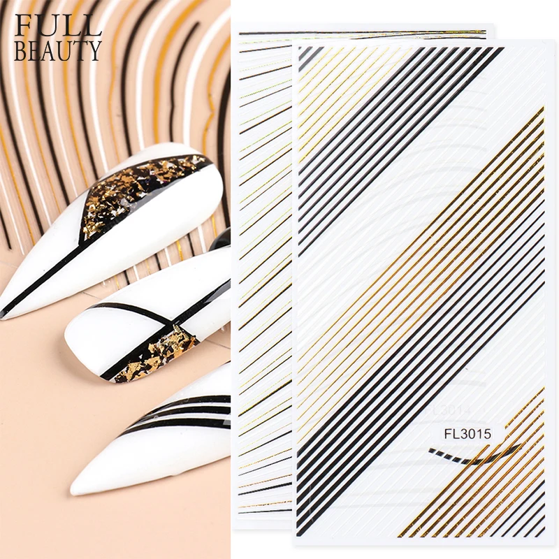 

5D голографические наклейки для дизайна ногтей, полосатые линии, изогнутые клейкие слайдеры, сделай сам, блестящая золотистая черная Геомет...
