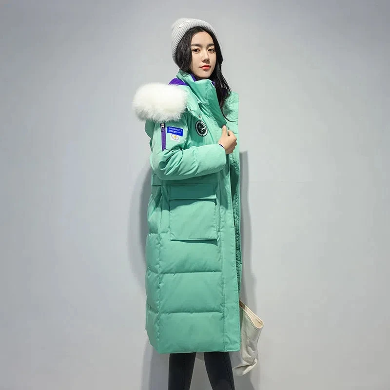 Down Jackets Female Winter 2022 New Thickened Big Hair Collar Long Knee Loose Pure Color Thin Warm White Duck Down Coats Women