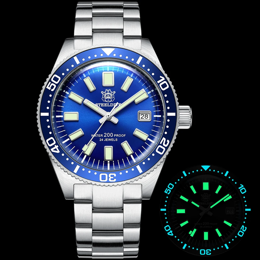 

Men's Automatic Mechanical Watch Swiss Luminous STEELDIVE SD1962 Pot Lid Sapphire Crystal 20Bar Water Resistant Dive Wristwatch