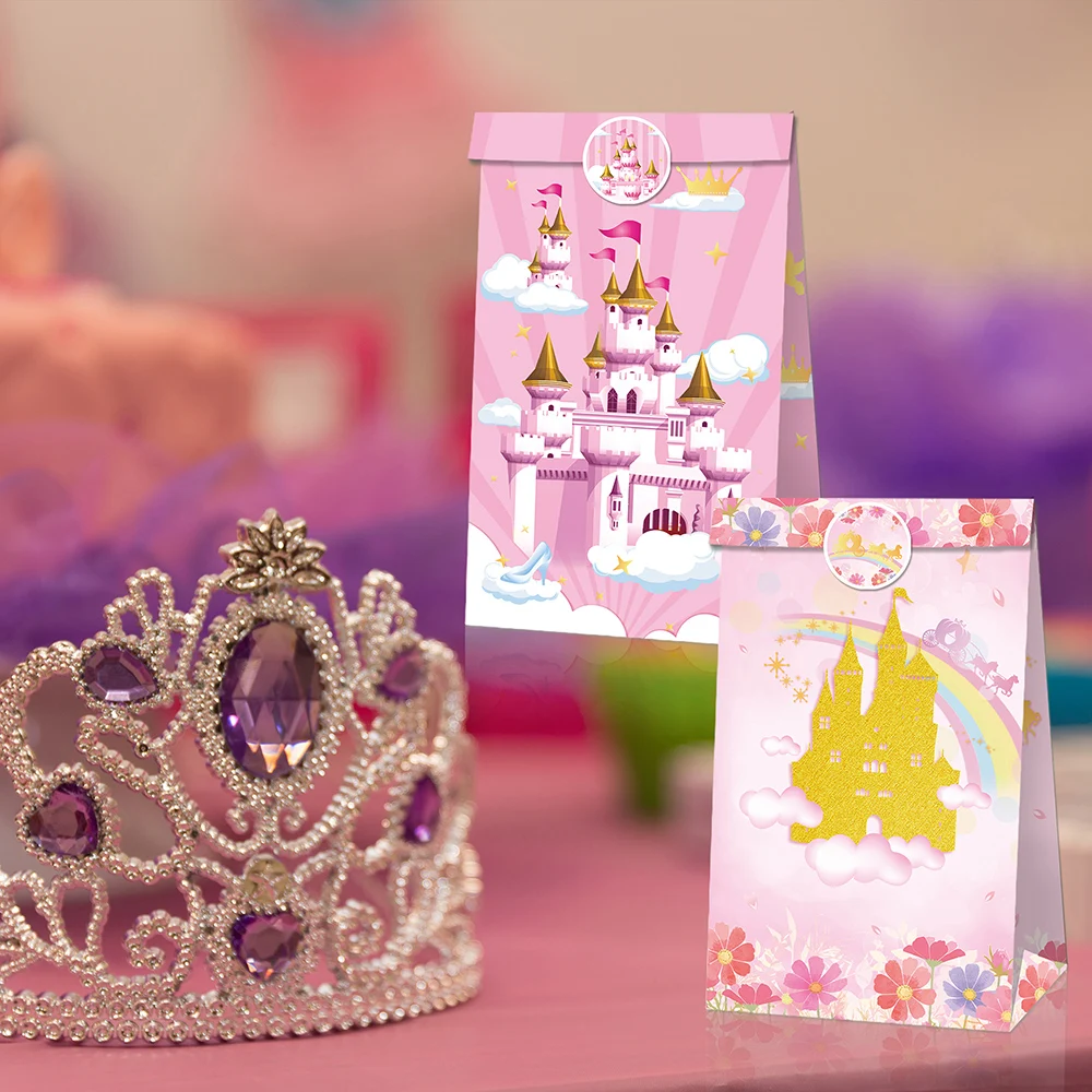 LB136-Castillo de princesa rosa para niña, 12 piezas, galletas de fiesta de cumpleaños, bolsas de regalo de papel Kraft, pegatina, decoraciones para fiesta de Baby Shower